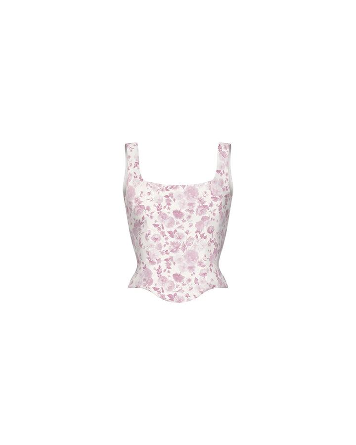 Vi, corset top in milky organza with a floral print