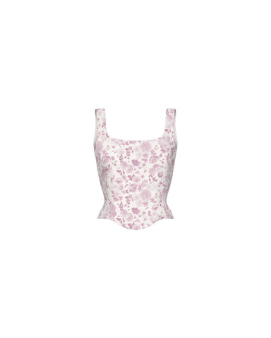 Vi, corset top in milky organza with a floral print