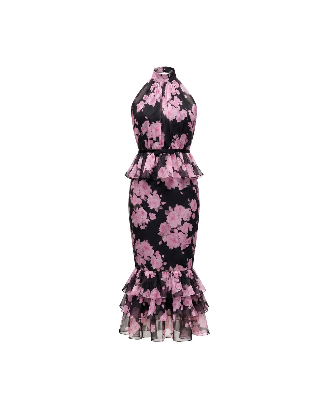 Rosie midi, black chiffon midi dress with large pink flowers