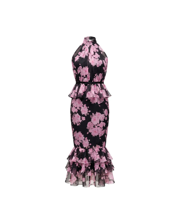 Rosie midi, black chiffon midi dress with large pink flowers