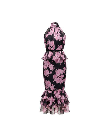 Rosie midi, black chiffon midi dress with large pink flowers
