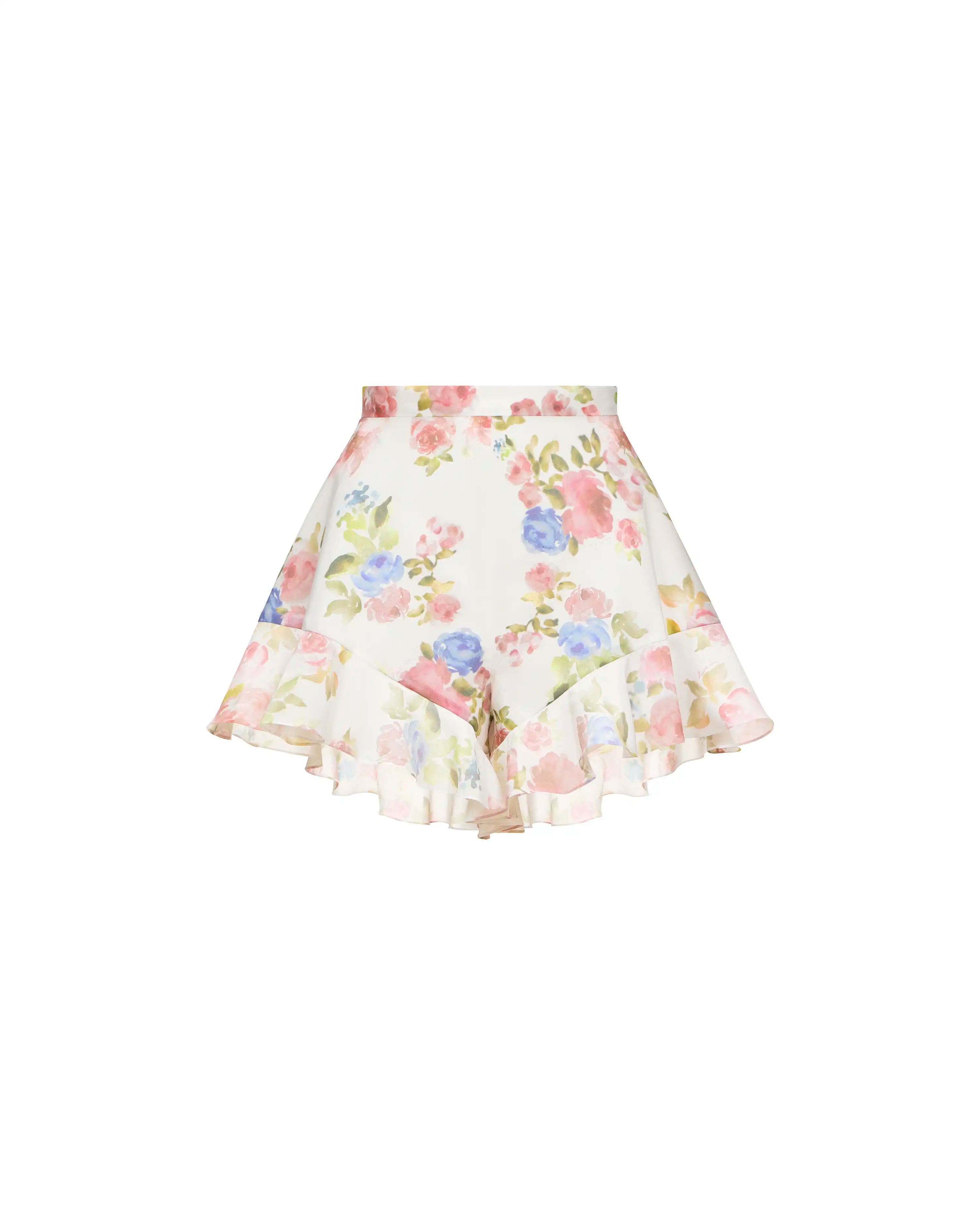 Audrie, milky chiffon ruffled shorts with a floral print