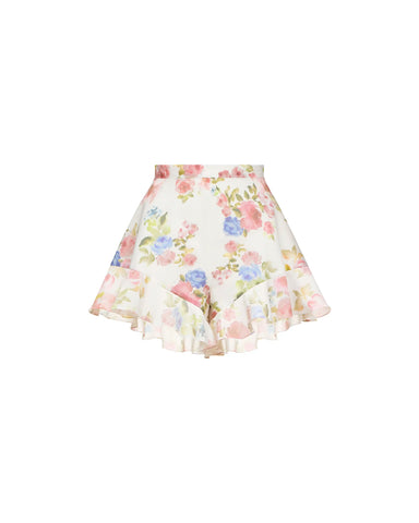 Audrie, milky chiffon ruffled shorts with a floral print