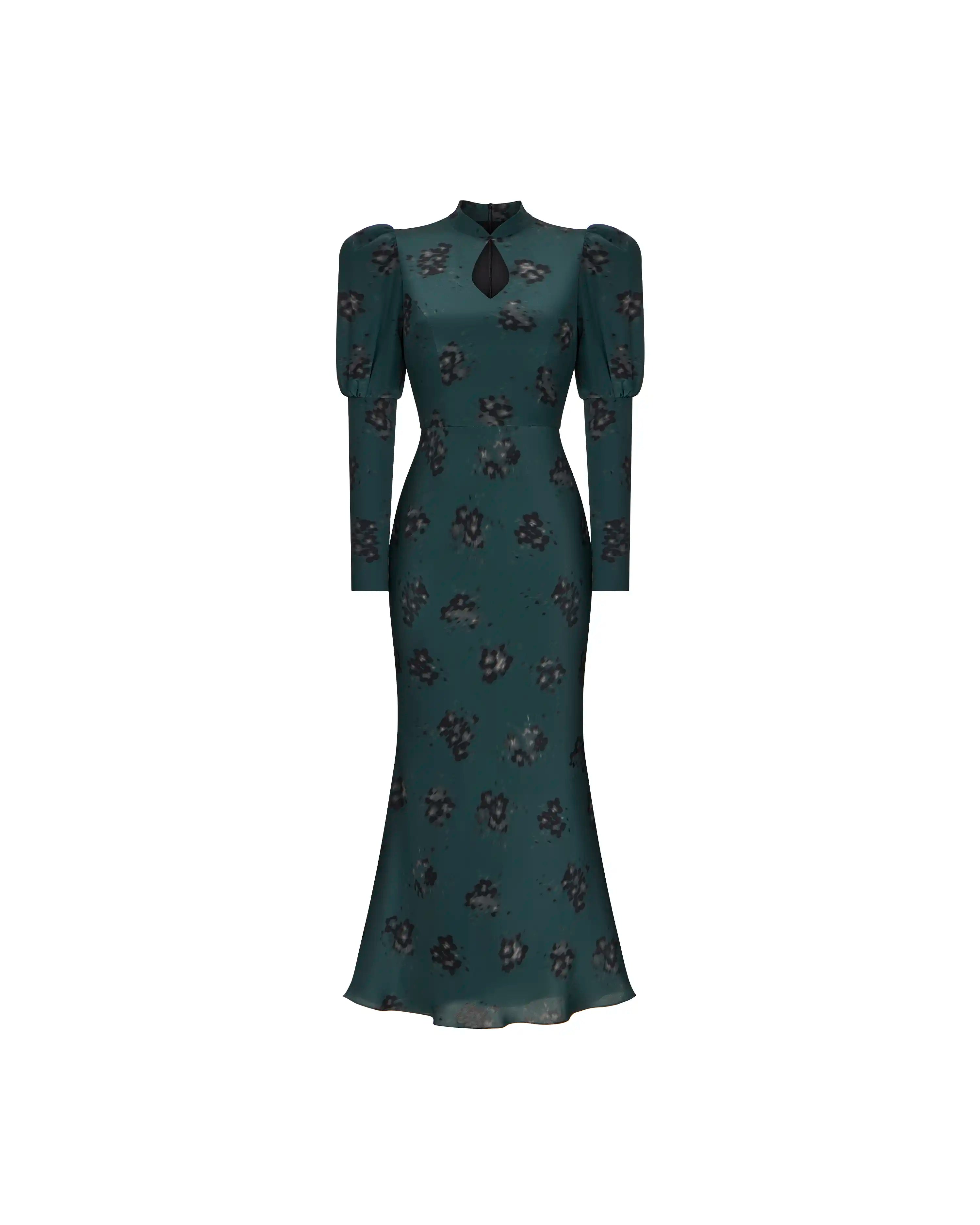 Giannetta midi, emerald crepe de chine midi dress with black flowers