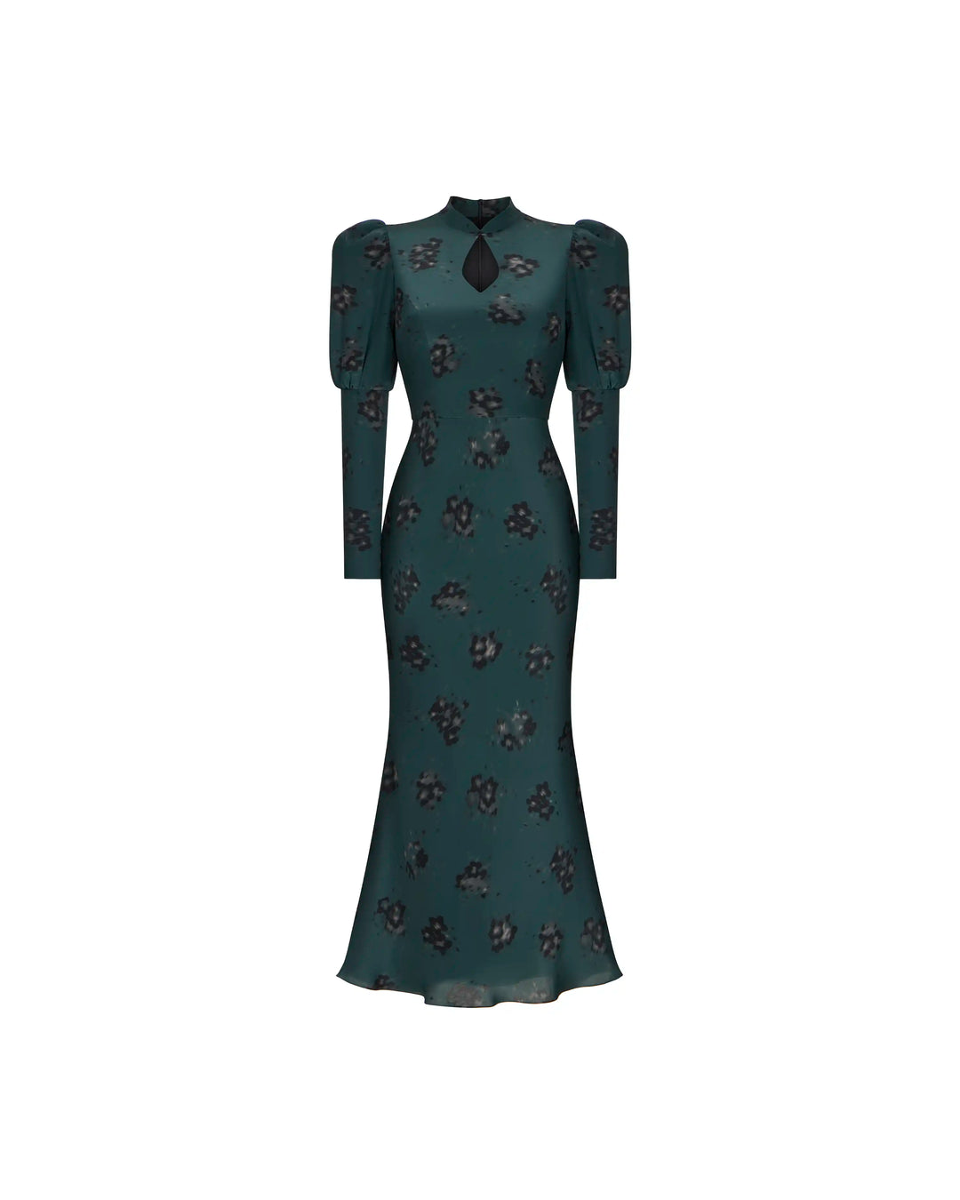 Giannetta midi, emerald crepe de chine midi dress with black flowers