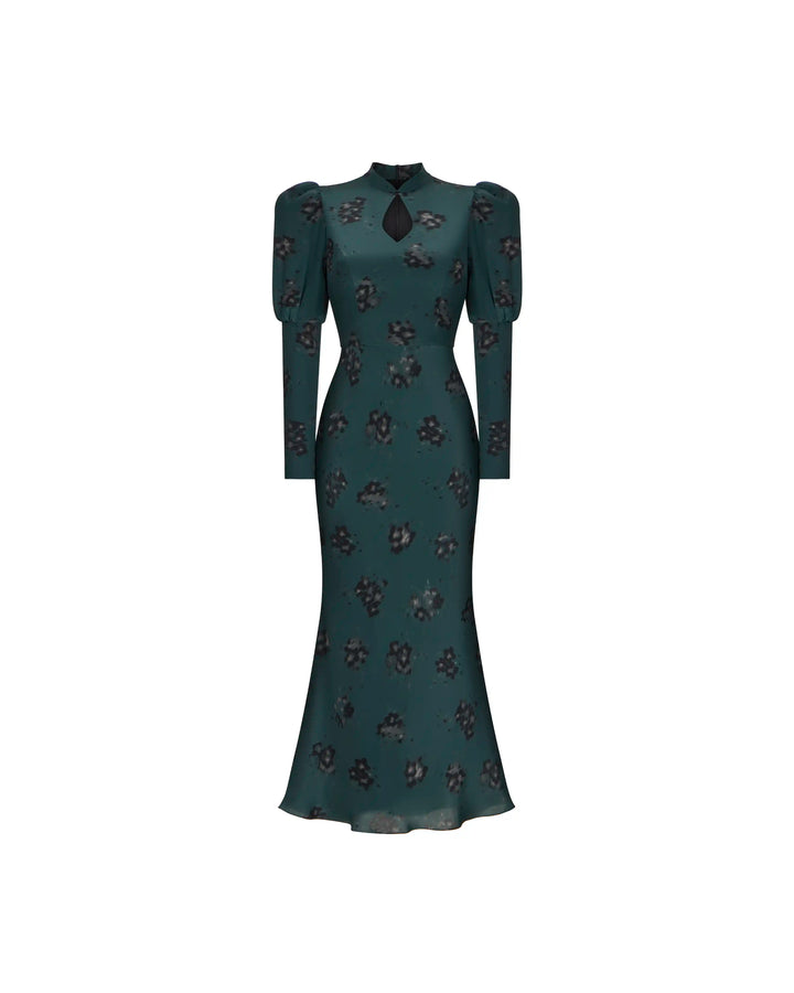 Giannetta midi, emerald crepe de chine midi dress with black flowers