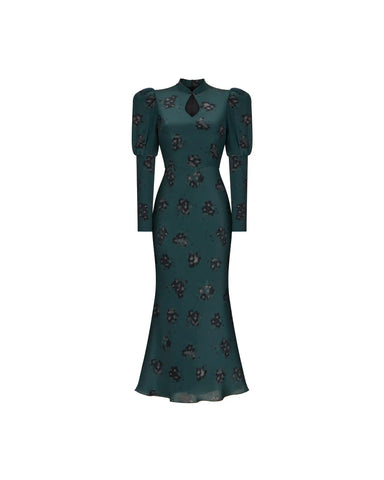 Giannetta midi, emerald crepe de chine midi dress with black flowers