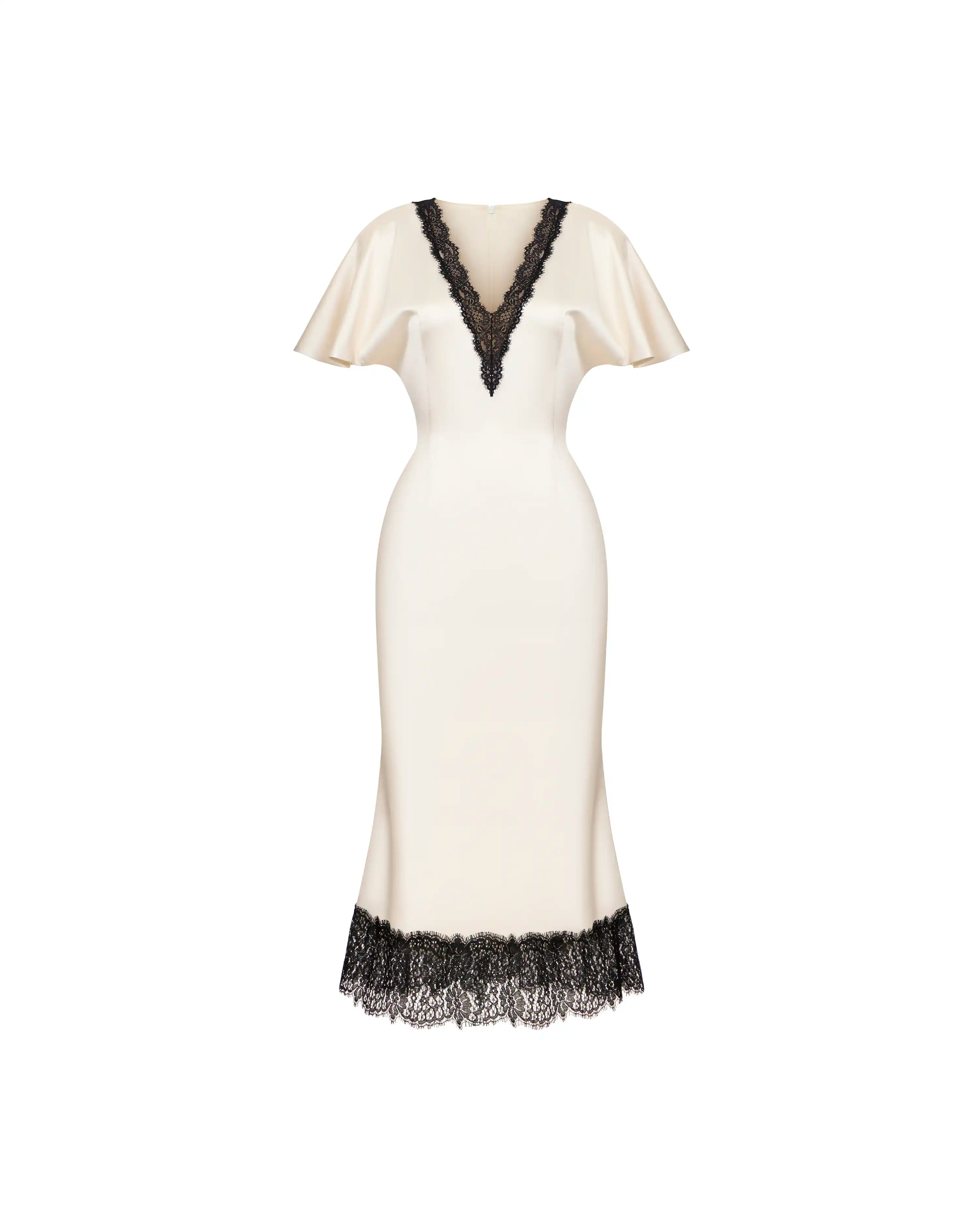 Odette midi, milky satin midi dress with black lace trim