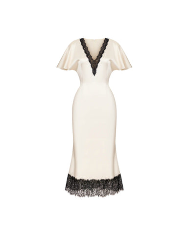 Odette midi, milky satin midi dress with black lace trim