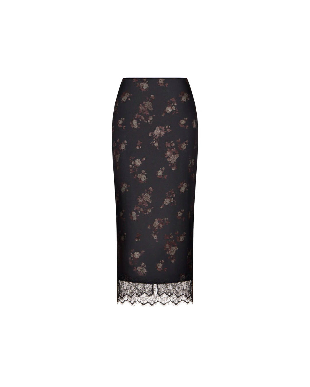 Muriel midi, black satin midi skirt with brown flowers