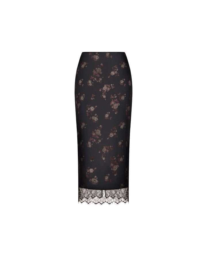 Muriel midi, black satin midi skirt with brown flowers