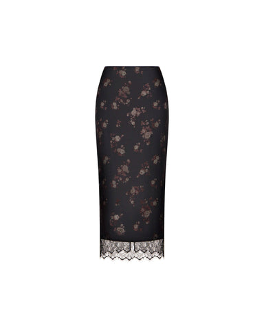 Muriel midi, black satin midi skirt with brown flowers