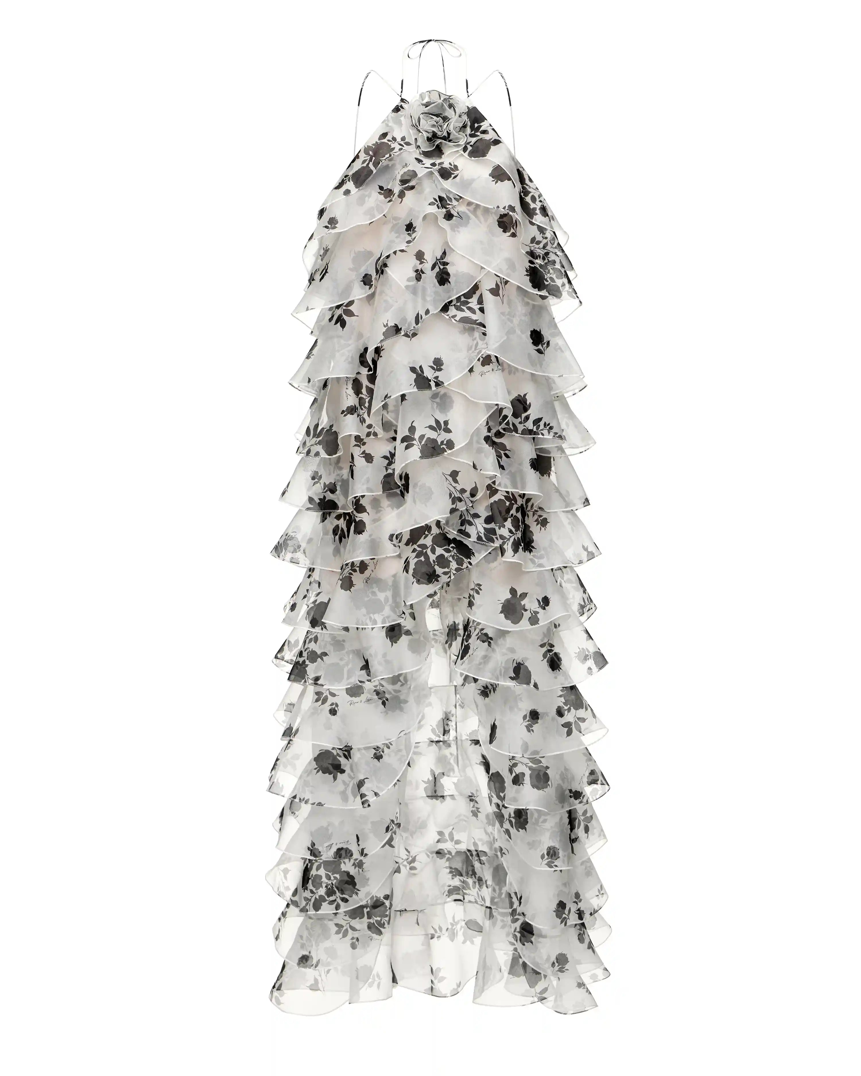 Dakota maxi, maxi dress made of ivory organza with a large floral print and a rose