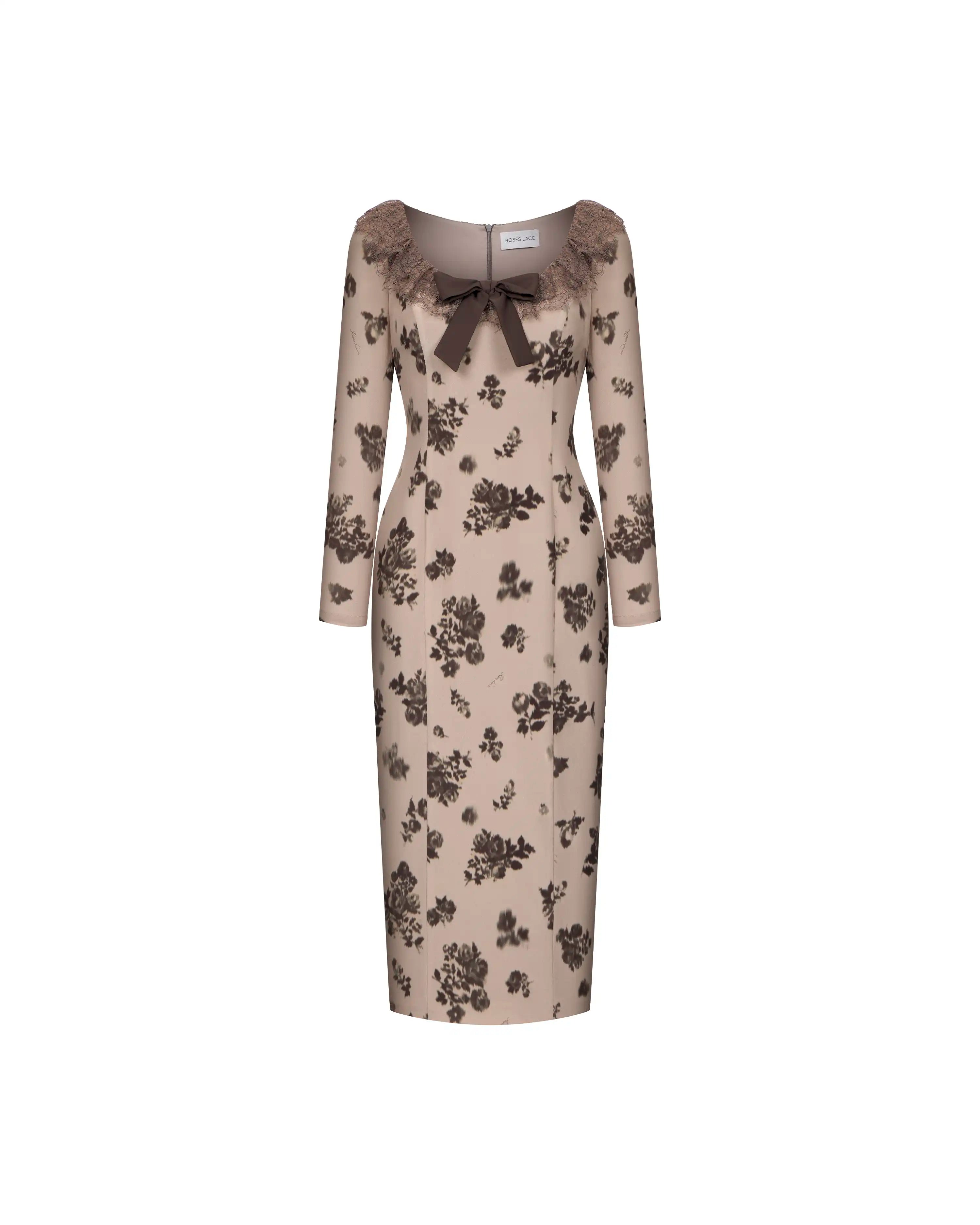 Uma midi, beige crepe de chine midi dress with chocolate flowers