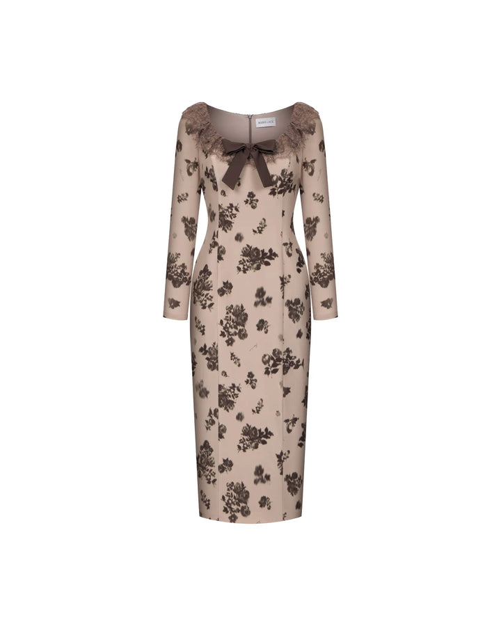 Uma midi, beige crepe de chine midi dress with chocolate flowers
