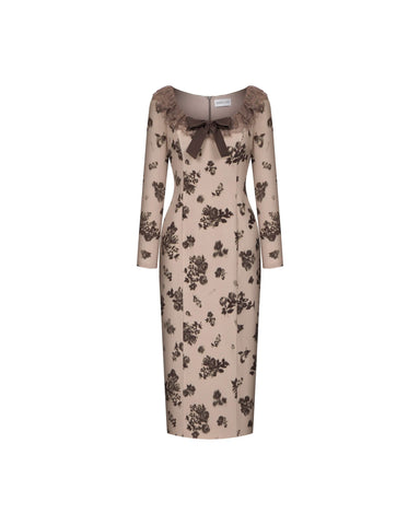 Uma midi, beige crepe de chine midi dress with chocolate flowers
