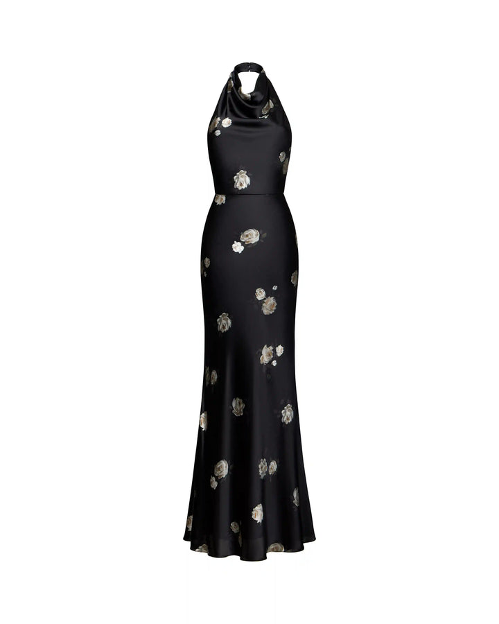 Esty maxi, midi dress made of black satin with floral print