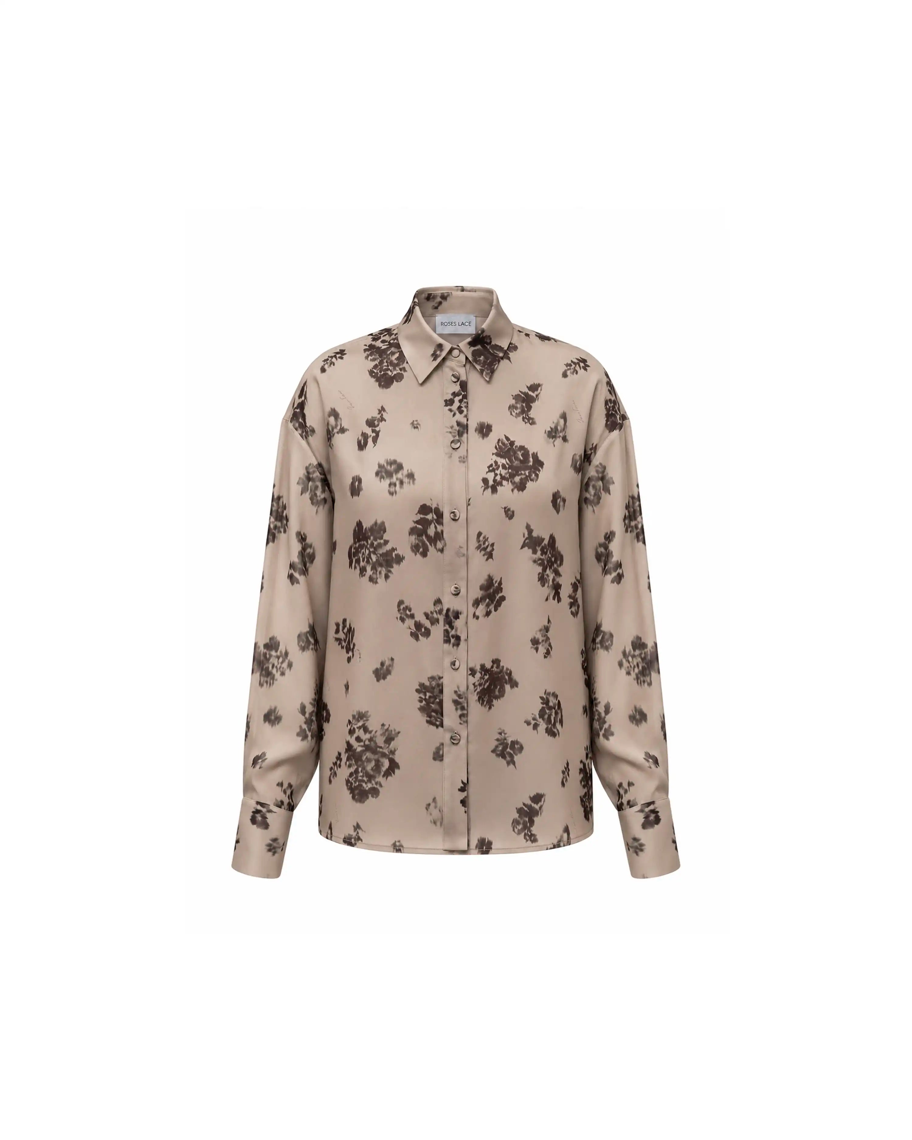 Harper, beige crepe de chine blouse with chocolate flowers
