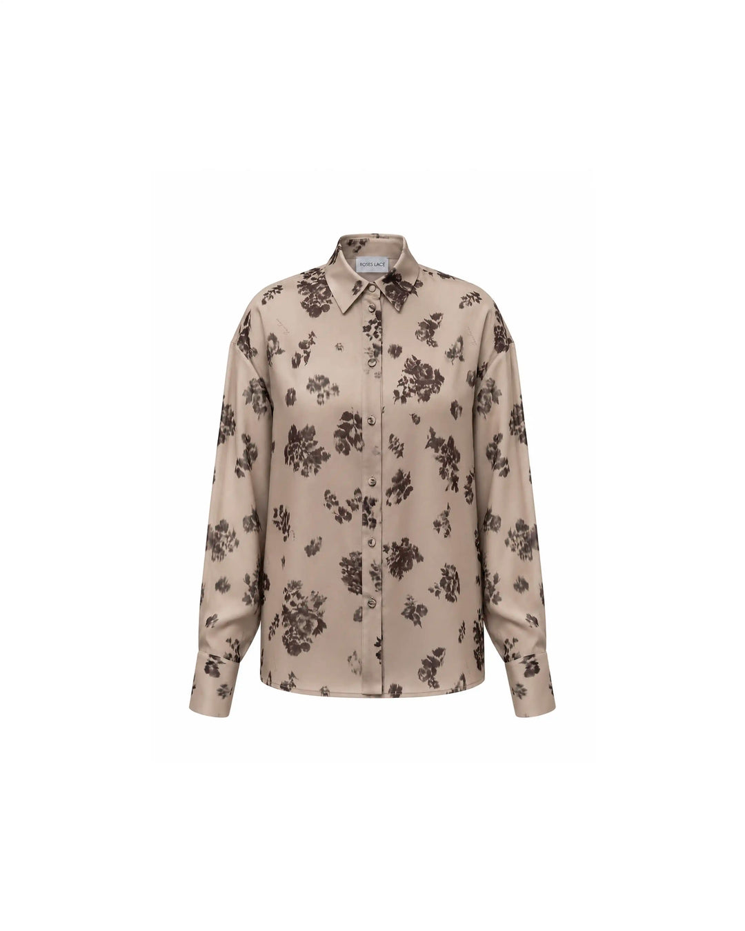 Harper, beige crepe de chine blouse with chocolate flowers