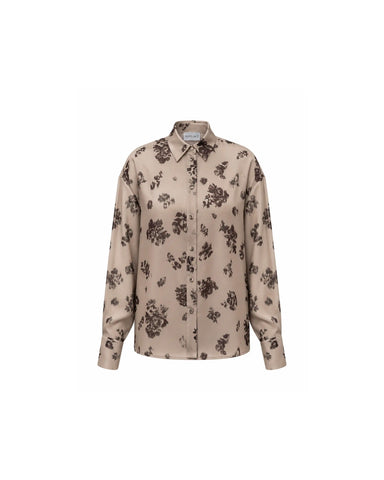 Harper, beige crepe de chine blouse with chocolate flowers