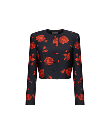 Pionella, black batiste jacket with a floral print