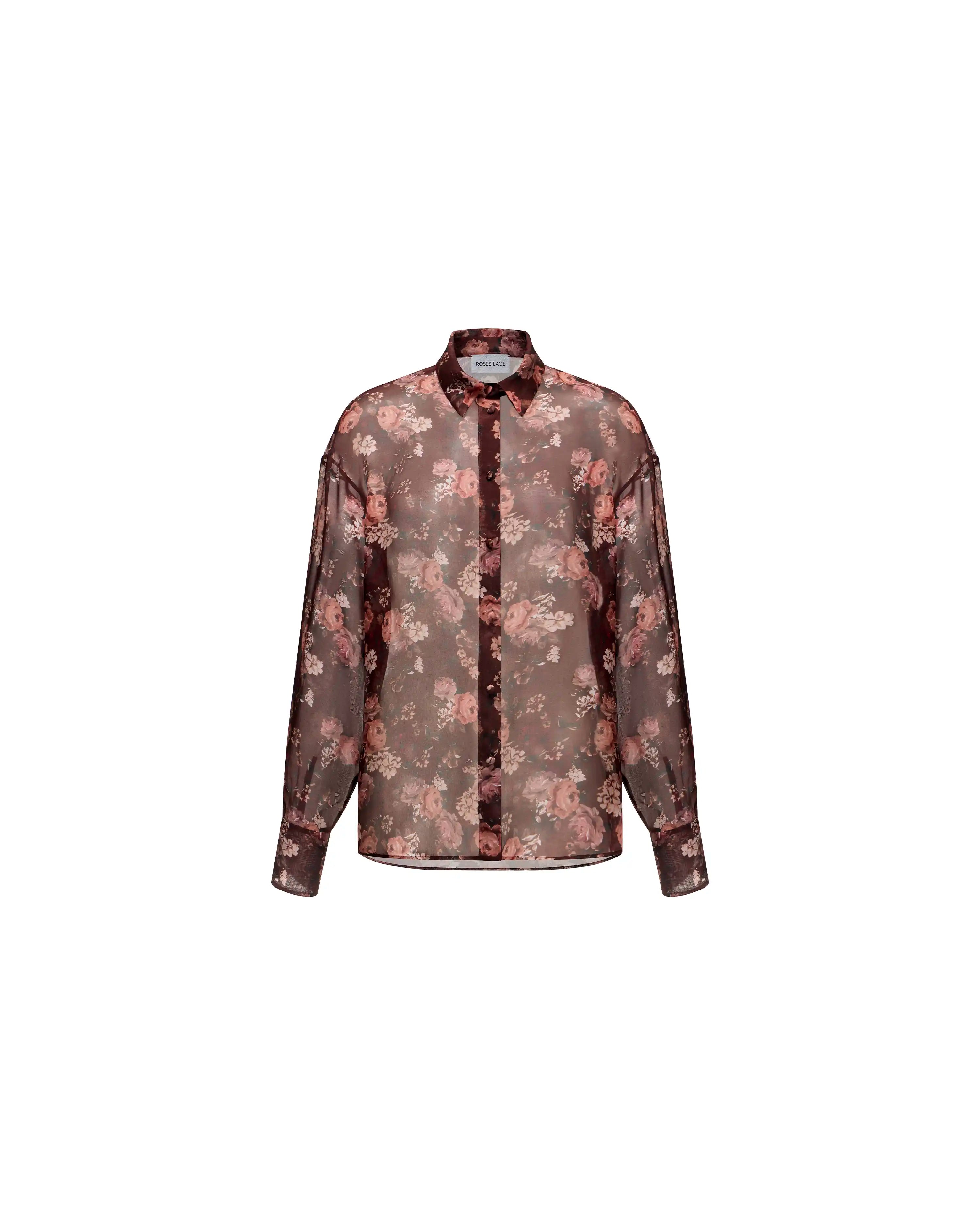 Harper, burgundy chiffon shirt with multicolor floral print