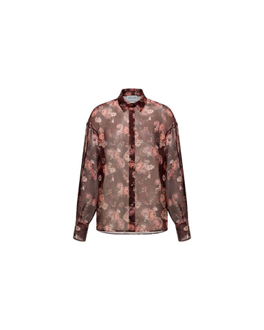 Harper, burgundy chiffon shirt with multicolor floral print