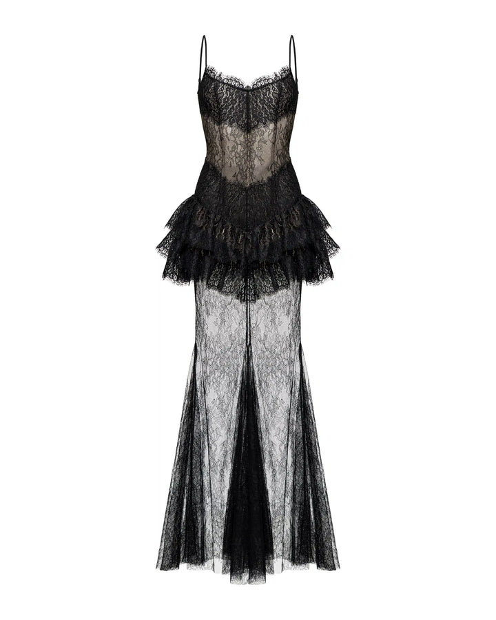 Andrea maxi, black lace maxi dress with statement ruffles