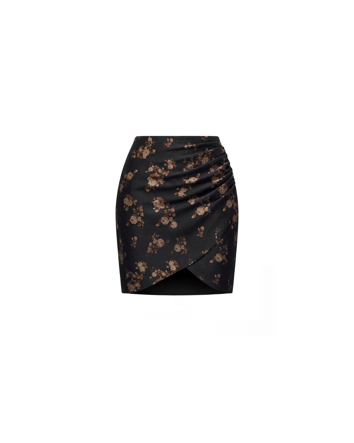 Loreen no frill, mini skirt made of black taffeta with brown flowers