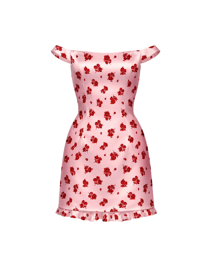 Cleo mini, light pink satin mini dress with floral print