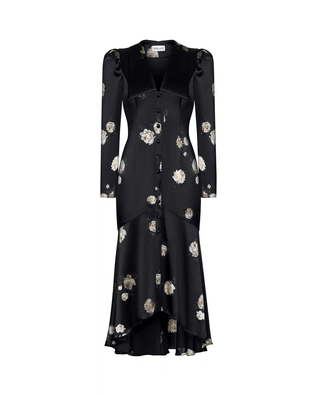 Audrice, midi dress made of black satin with floral print ROSES LACE Audrice, midi dress made of black satin with floral print ROSES LACE