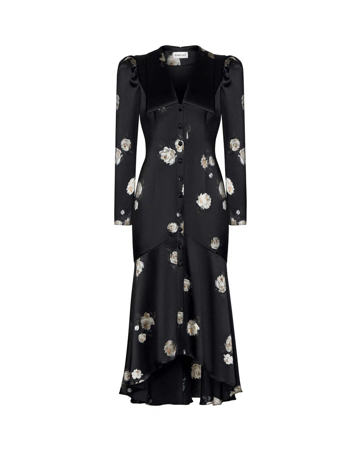 Audrice, midi dress made of black satin with floral print