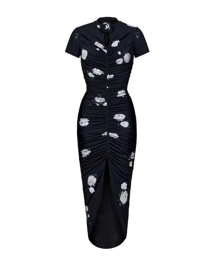 Amanda midi, midi dress with short sleeves made of black biflex with floral print and a rose