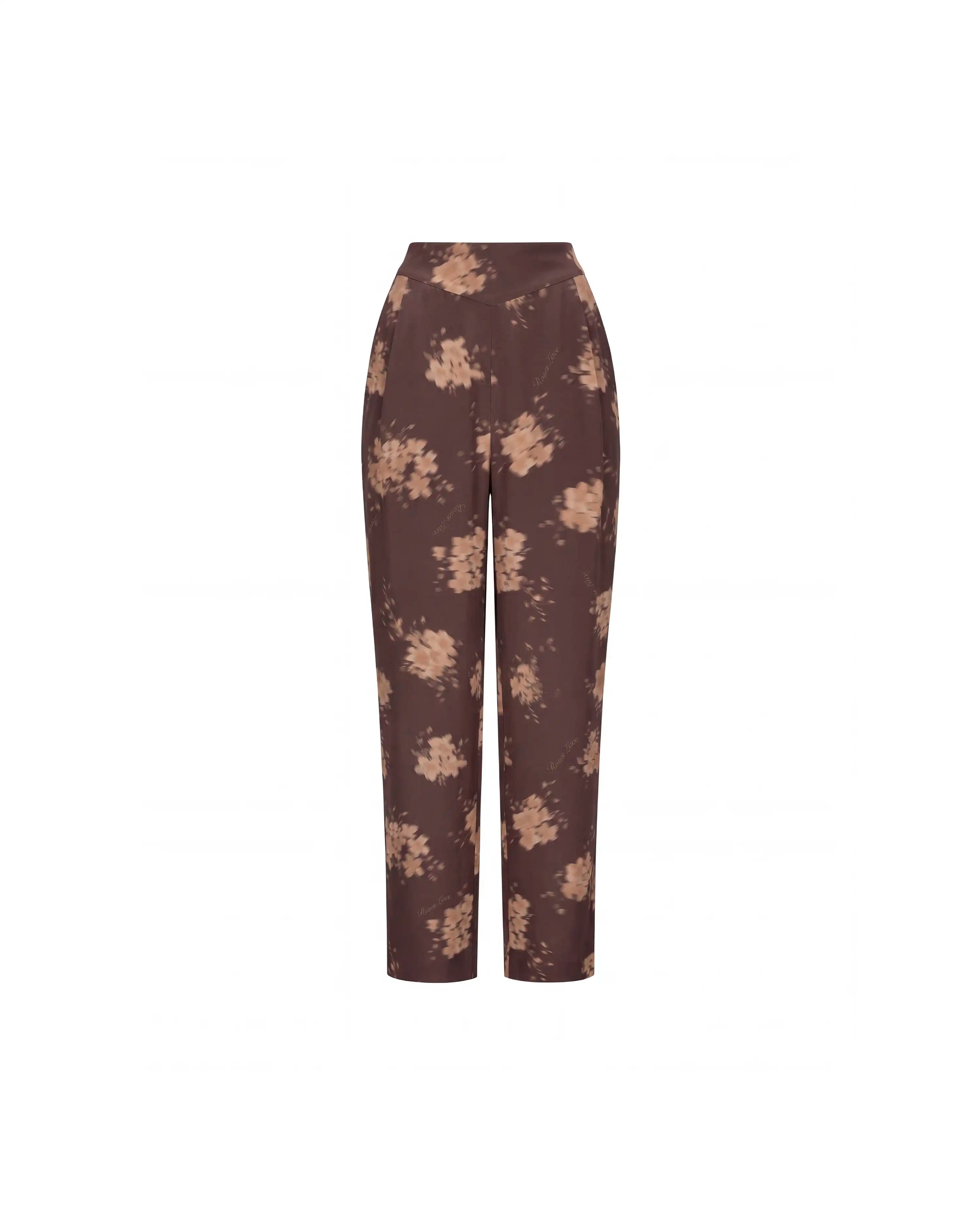 Naomi, chocolate crepe de chine pants with beige flowers