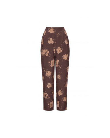 Naomi, chocolate crepe de chine pants with beige flowers