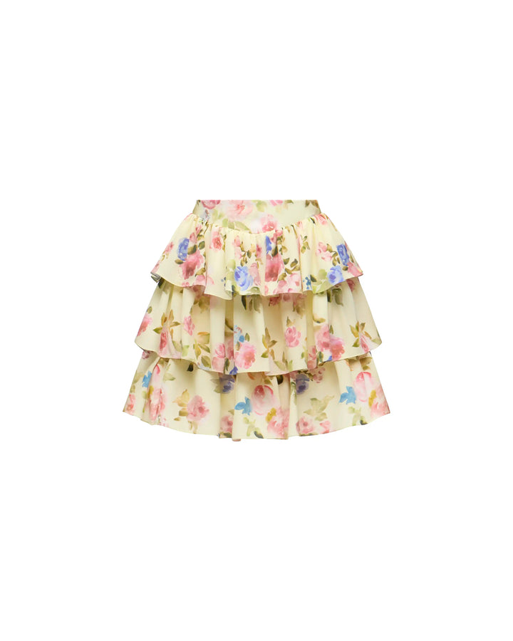 Betty mini, mini skirt in pale yellow crepe de chine with a floral print