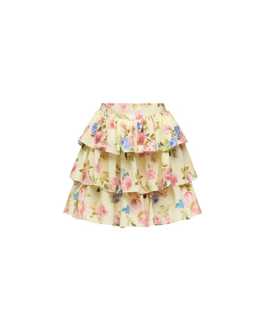Betty mini, mini skirt in pale yellow crepe de chine with a floral print