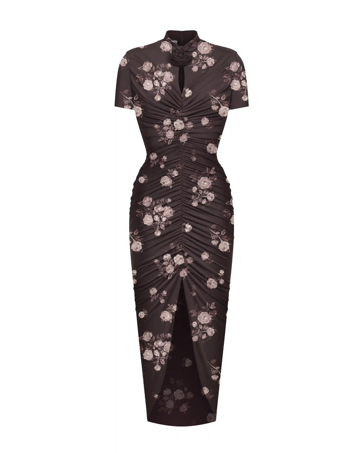 Amanda, midi dress with short sleeves made of chocolate biflex with floral print