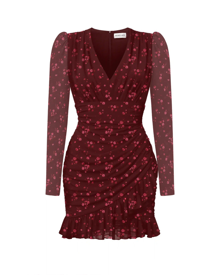 Josephine Sleeves, mini dress with long sleeves made of burgundy crepe de chine with a floral print