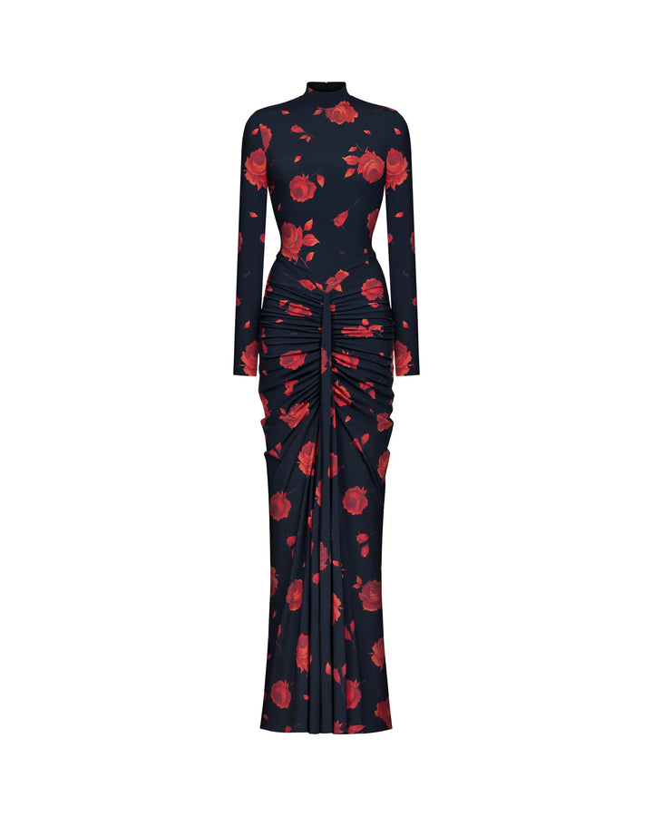 Ivy sleeves, black biflex maxi dress with a floral print