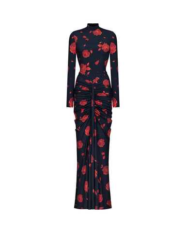Ivy sleeves, black biflex maxi dress with a floral print