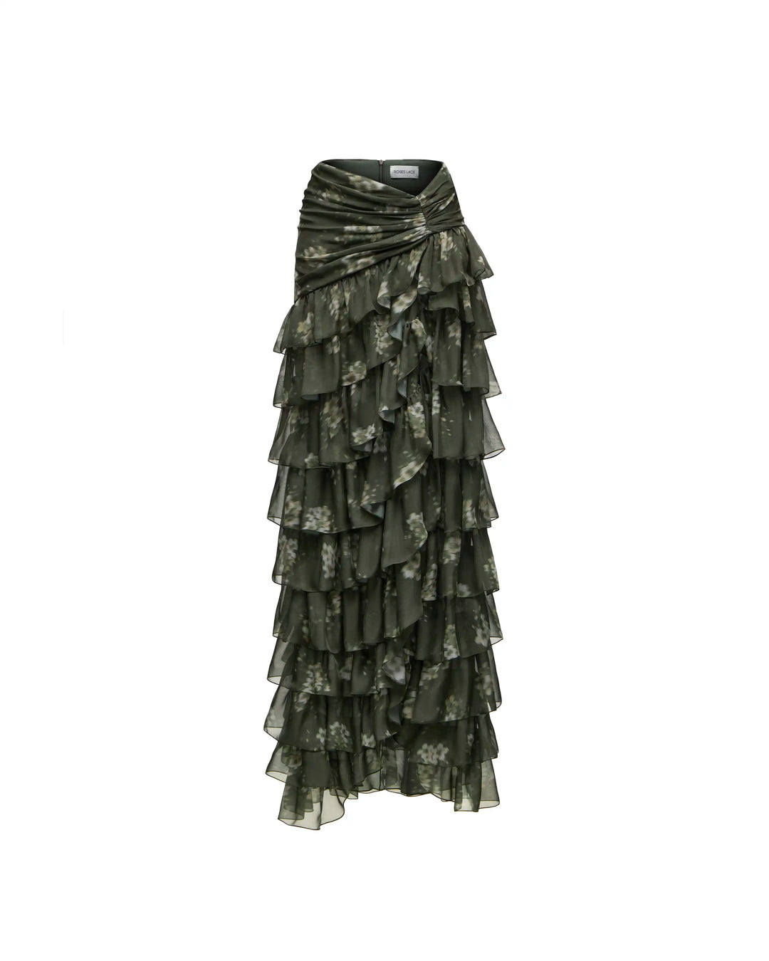 Lissa maxi, khaki chiffon maxi skirt with ivory flowers