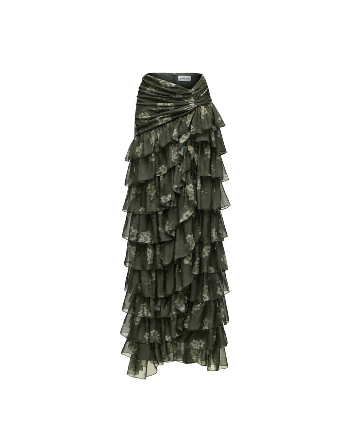 Lissa maxi, khaki chiffon maxi skirt with ivory flowers