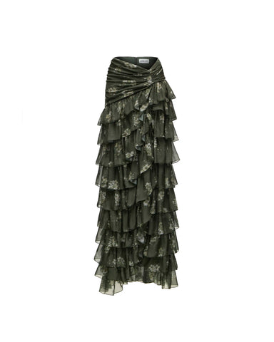 Lissa maxi, khaki chiffon maxi skirt with ivory flowers