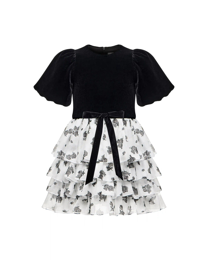 Fifi, children's dress made of black velvet and ivory chiffon with floral print