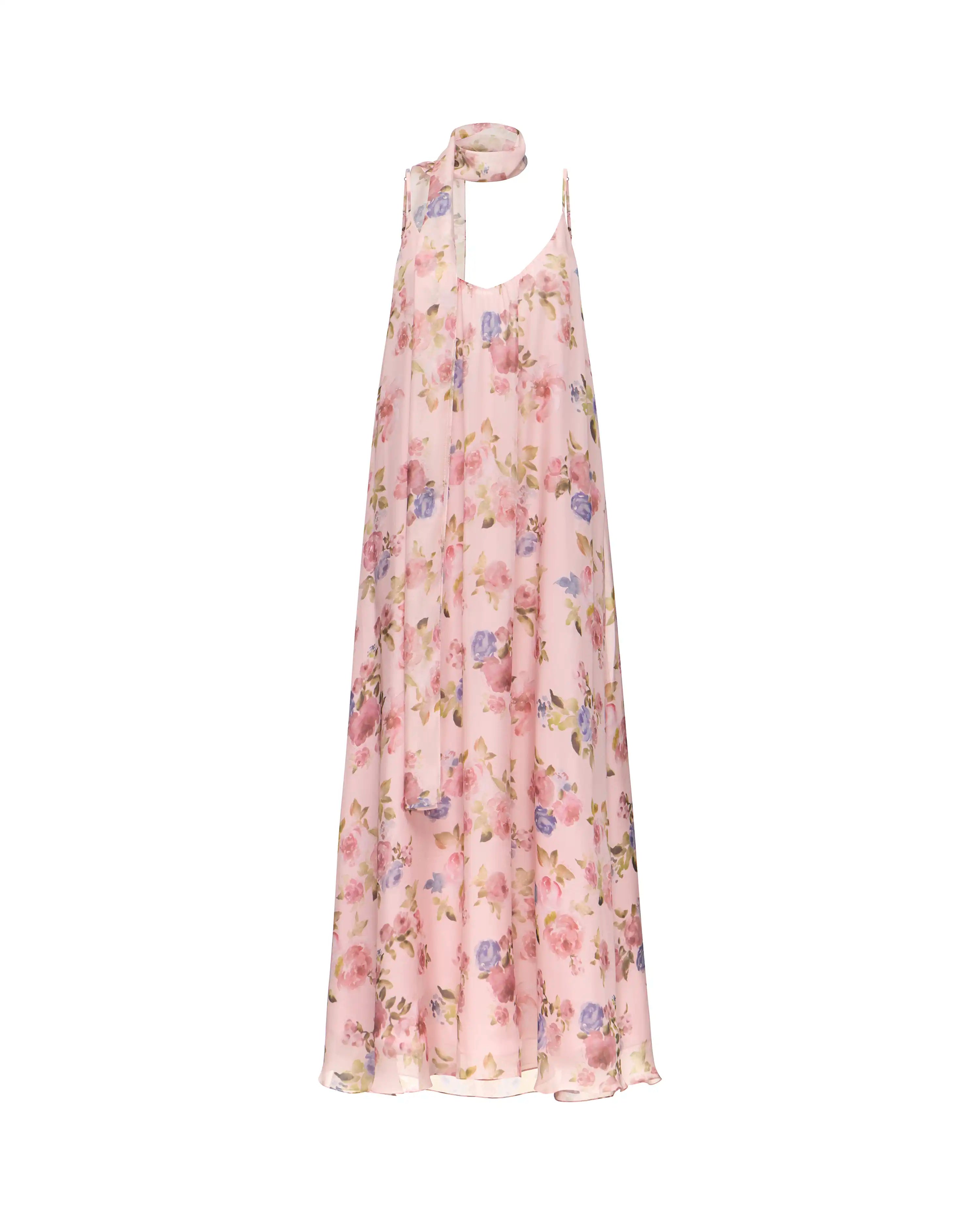 Karine maxi, strappy maxi dress in light pink chiffon with a floral print