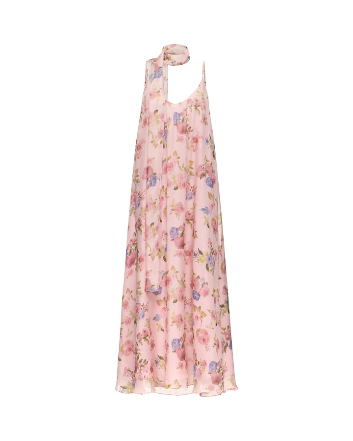 Karine maxi, strappy maxi dress in light pink chiffon with a floral print