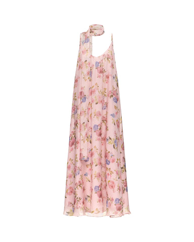 Karine maxi, strappy maxi dress in light pink chiffon with a floral print