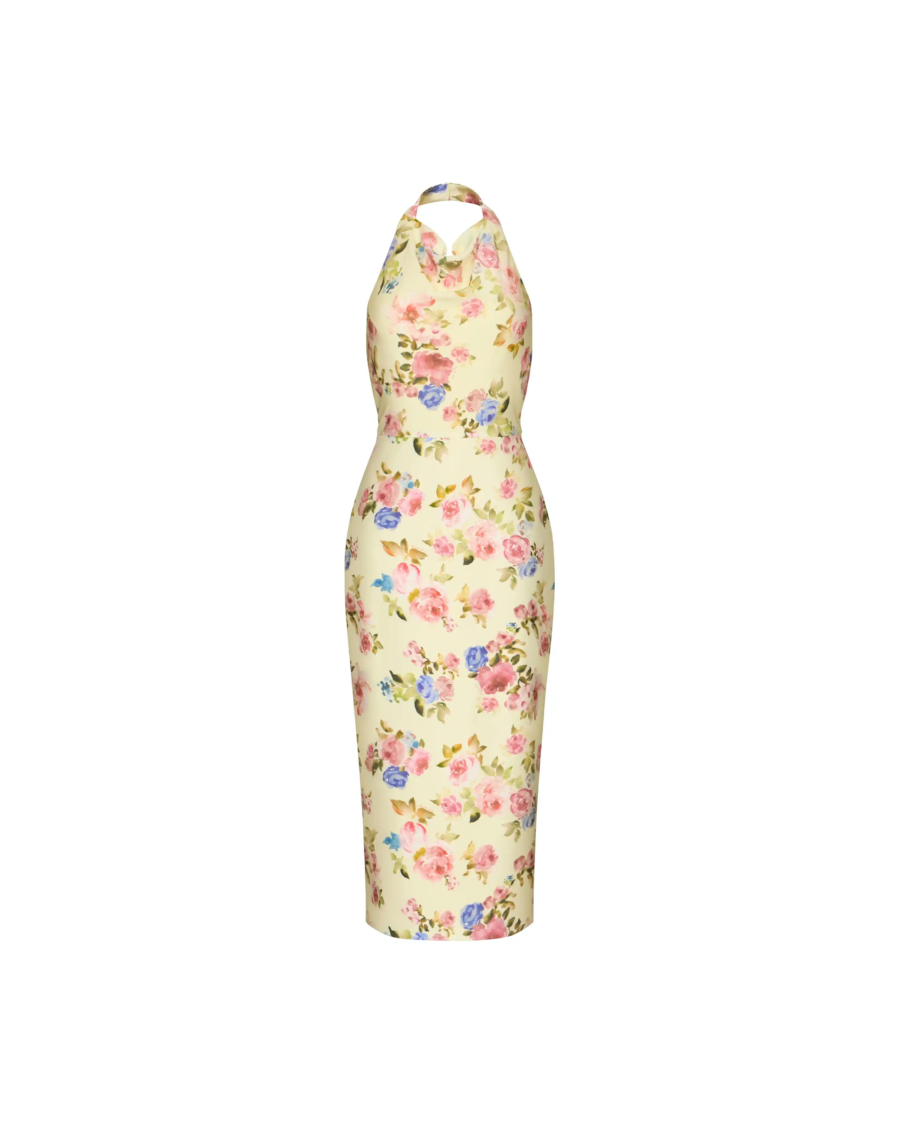 Esty midi, midi dress in pale yellow crepe de chine with a floral print