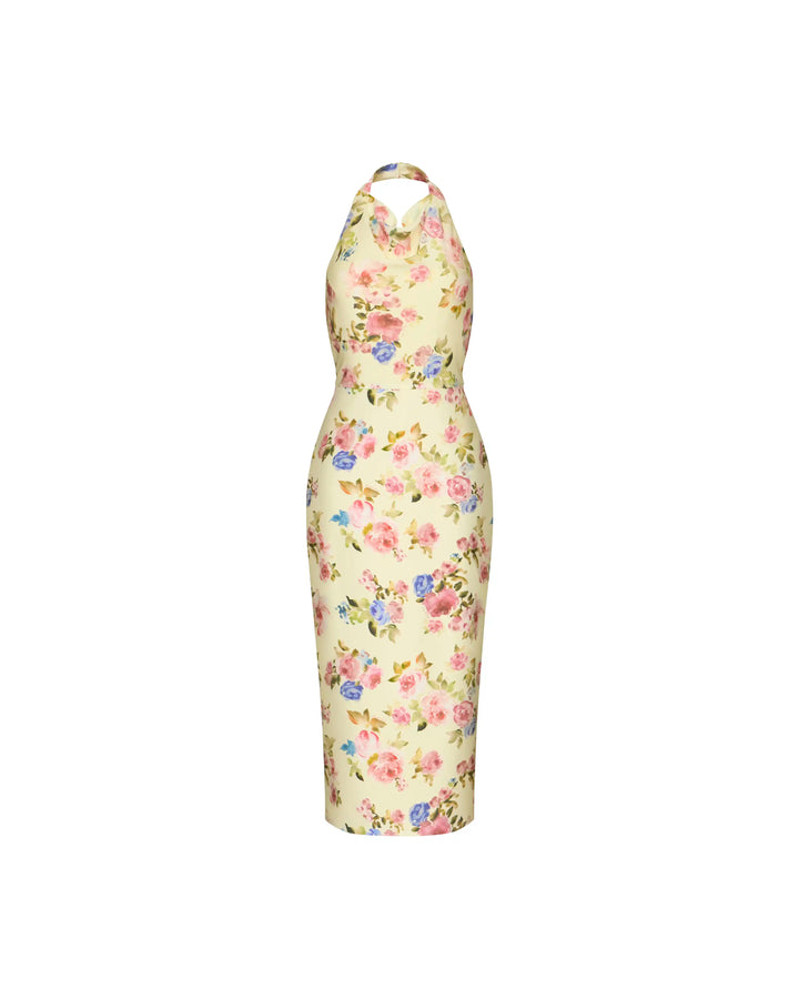 Esty midi, midi dress in pale yellow crepe de chine with a floral print